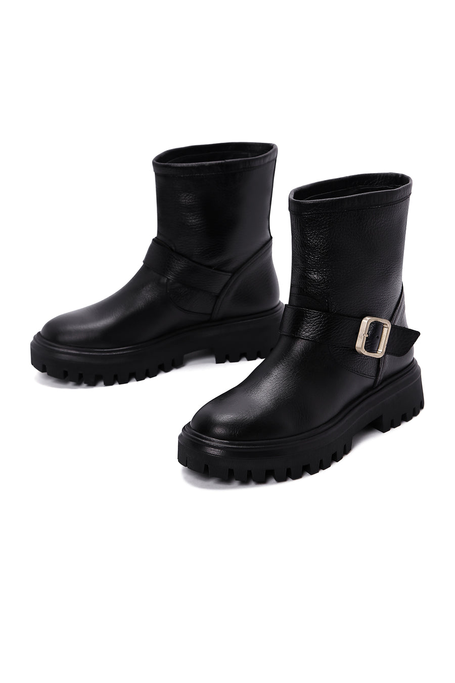 Women's Black Leather Buckle Boots