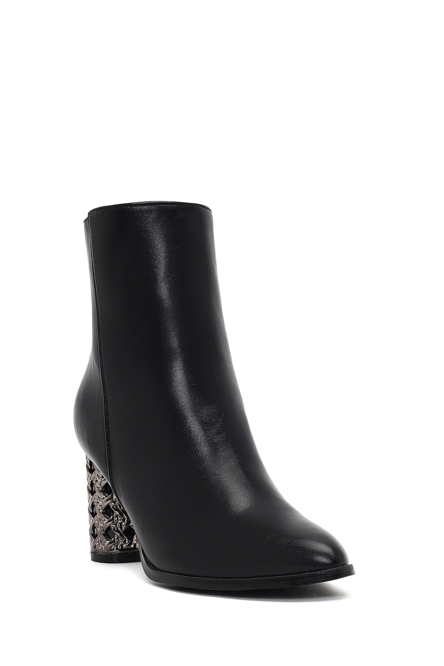 Women's Black Zippered Patterned Thick Heeled Boots