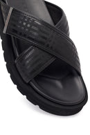 Men's Black Patterned Leather Slippers | Derimod