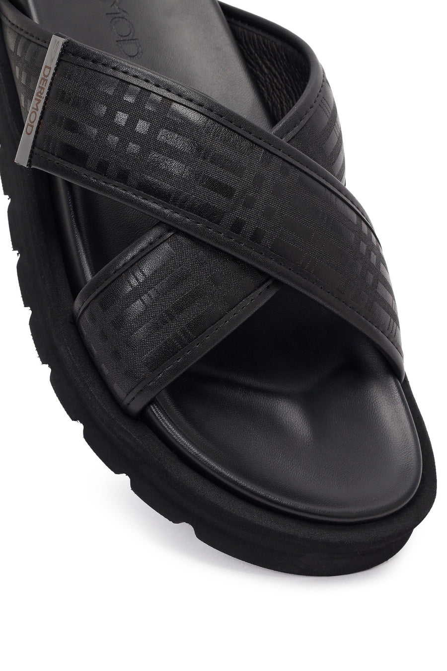 Men's Black Patterned Leather Slippers