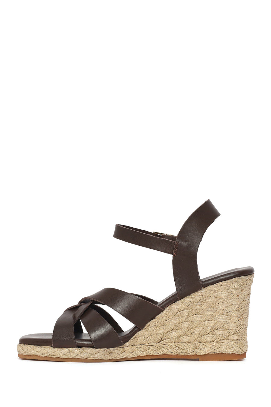 Woman Brown Ankle-Strap Buckled Wedge-Heel Leather Espadrilles Sandal