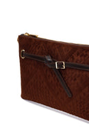 Woman Brown Printed Suede Clutch Bag with Long Chain Strap | Derimod