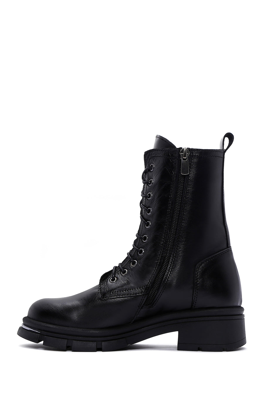Woman Black Zippered Leather Postal Boots