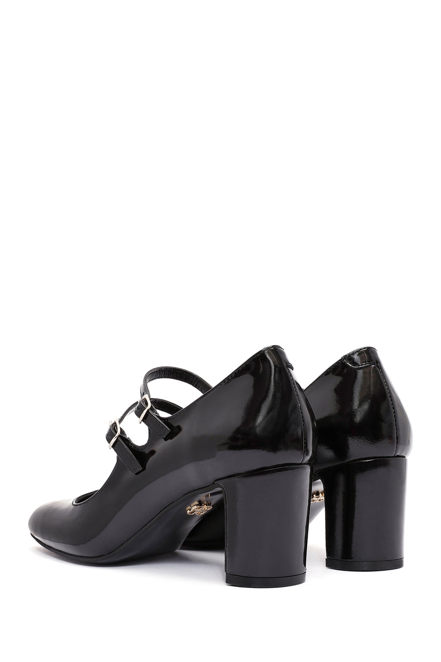 Women's Black Double Buckle Thick Heel Patent Leather Mary Jane Shoes