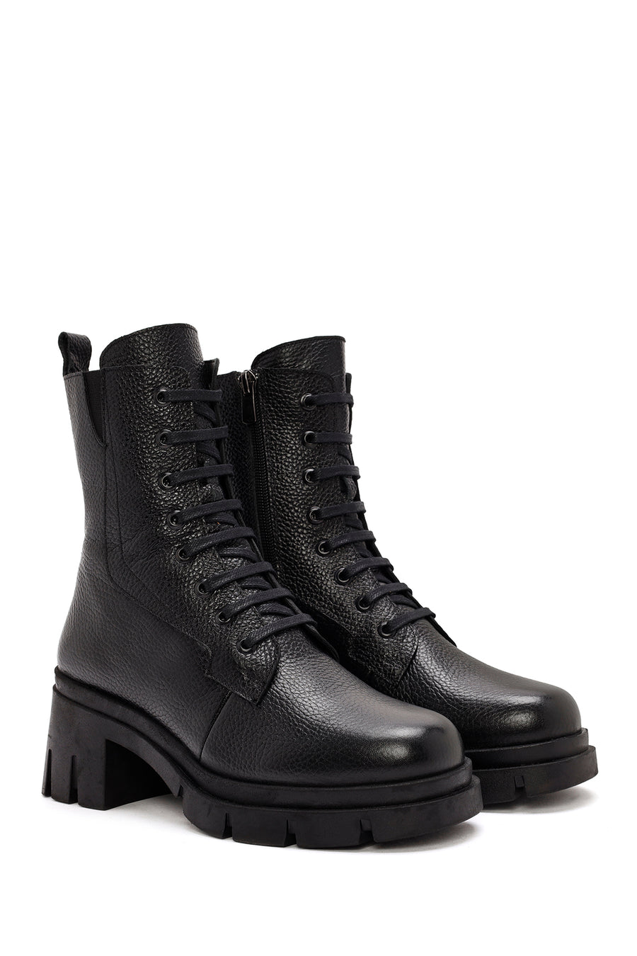 Women's Black Zippered Thick Heeled Leather Boots