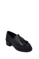 Woman Black Tassel Chunky Heeled Leather Loafer | Derimod