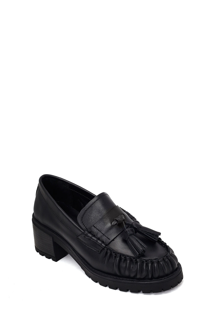 Woman Black Tassel Chunky Heeled Leather Loafer