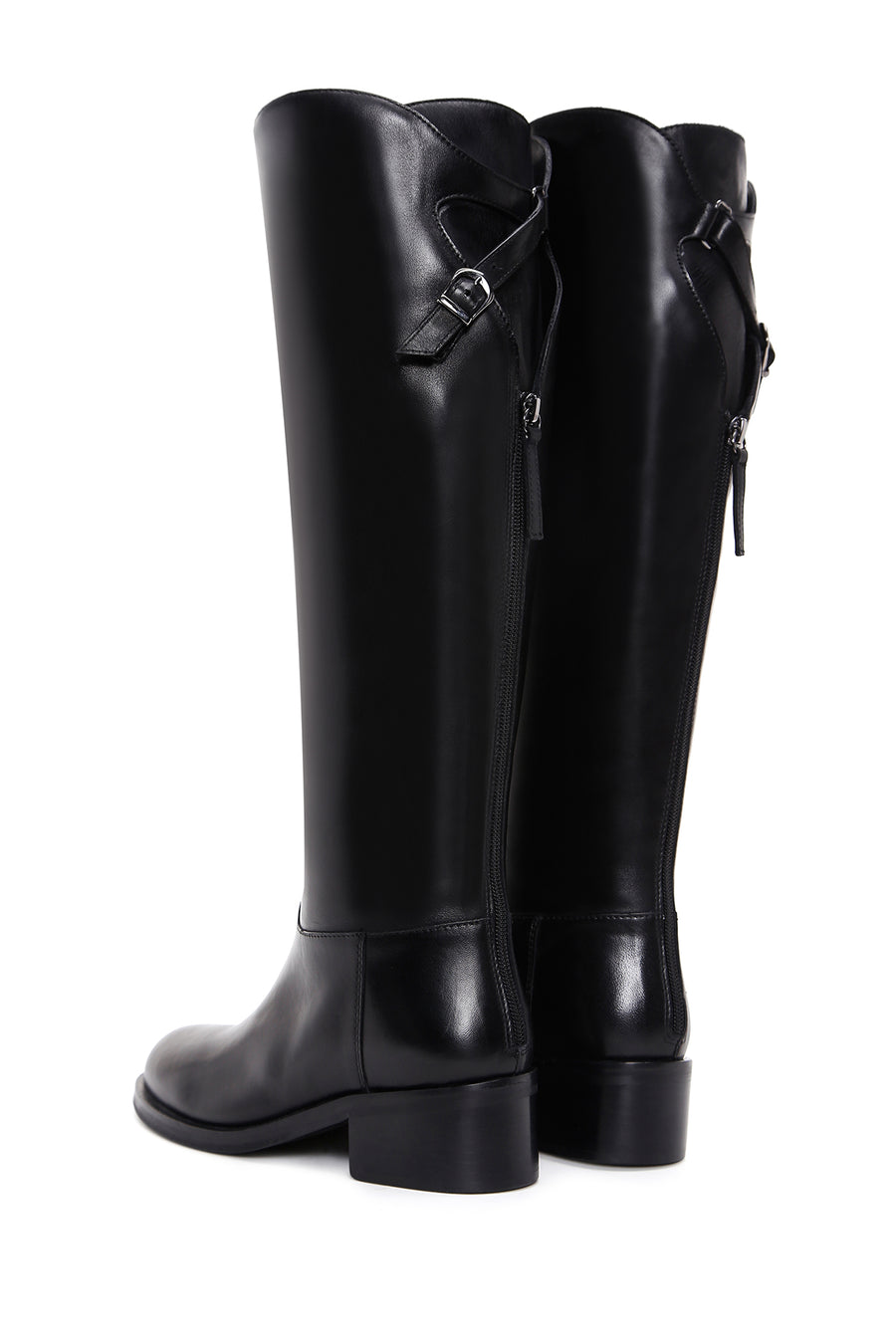 Woman Black Zippered Buckle Detail Leather Boot