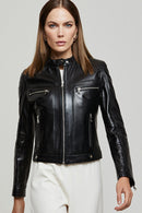 Sara Women's Black Short Leather Jacket | Derimod