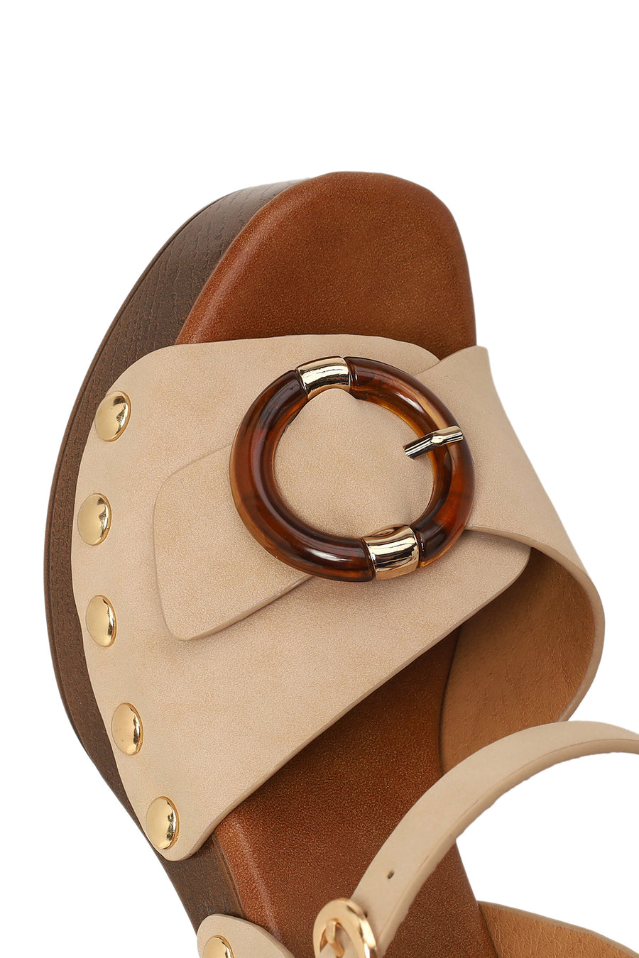 Woman Beige Buckled Ankle Platform Chunky High-Heel Suede Sandals
