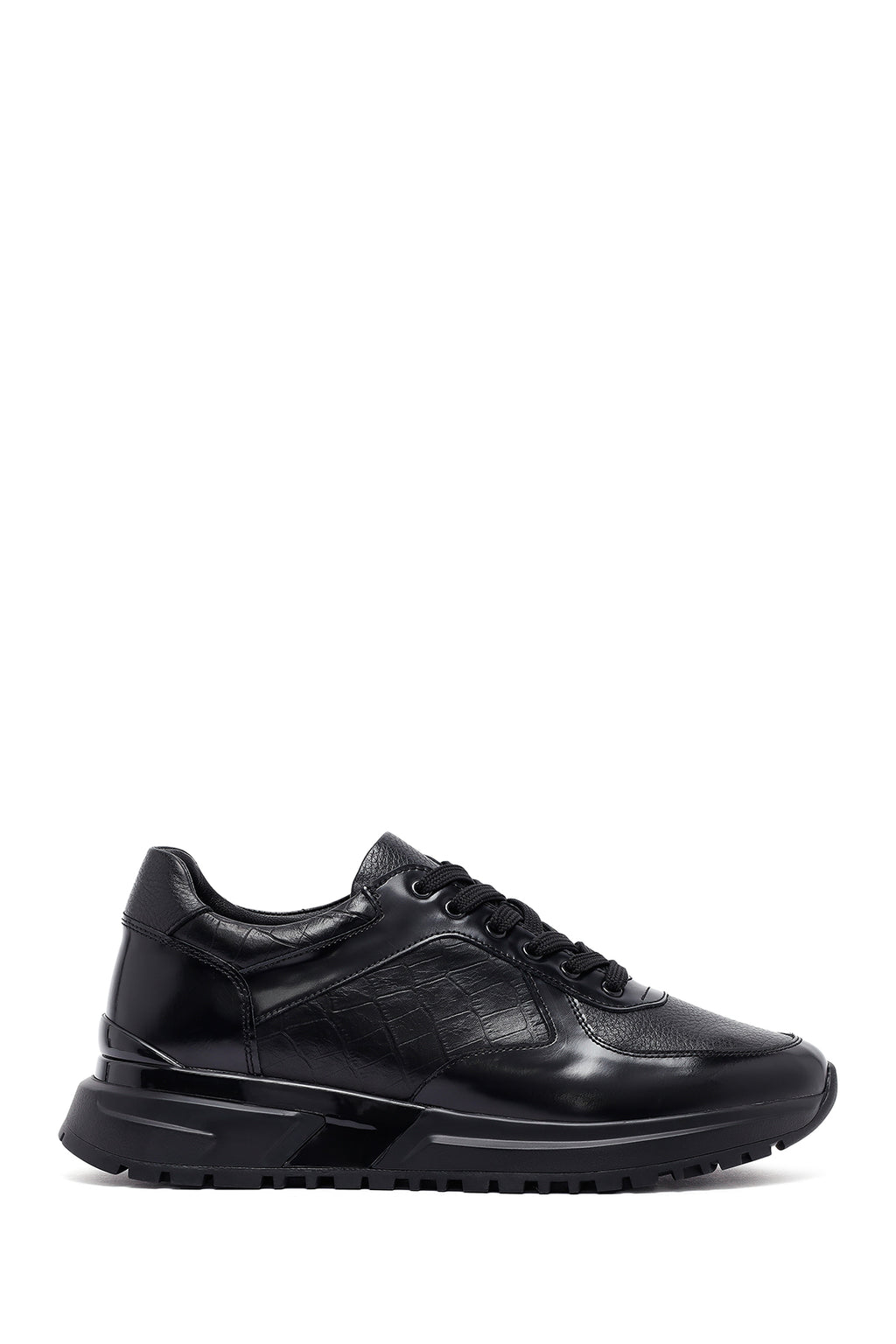 Erkek Siyah Bağcıklı Deri Casual Sneaker