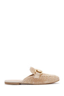 Women's Beige Buckle Detailed Straw Leather Slippers | Derimod