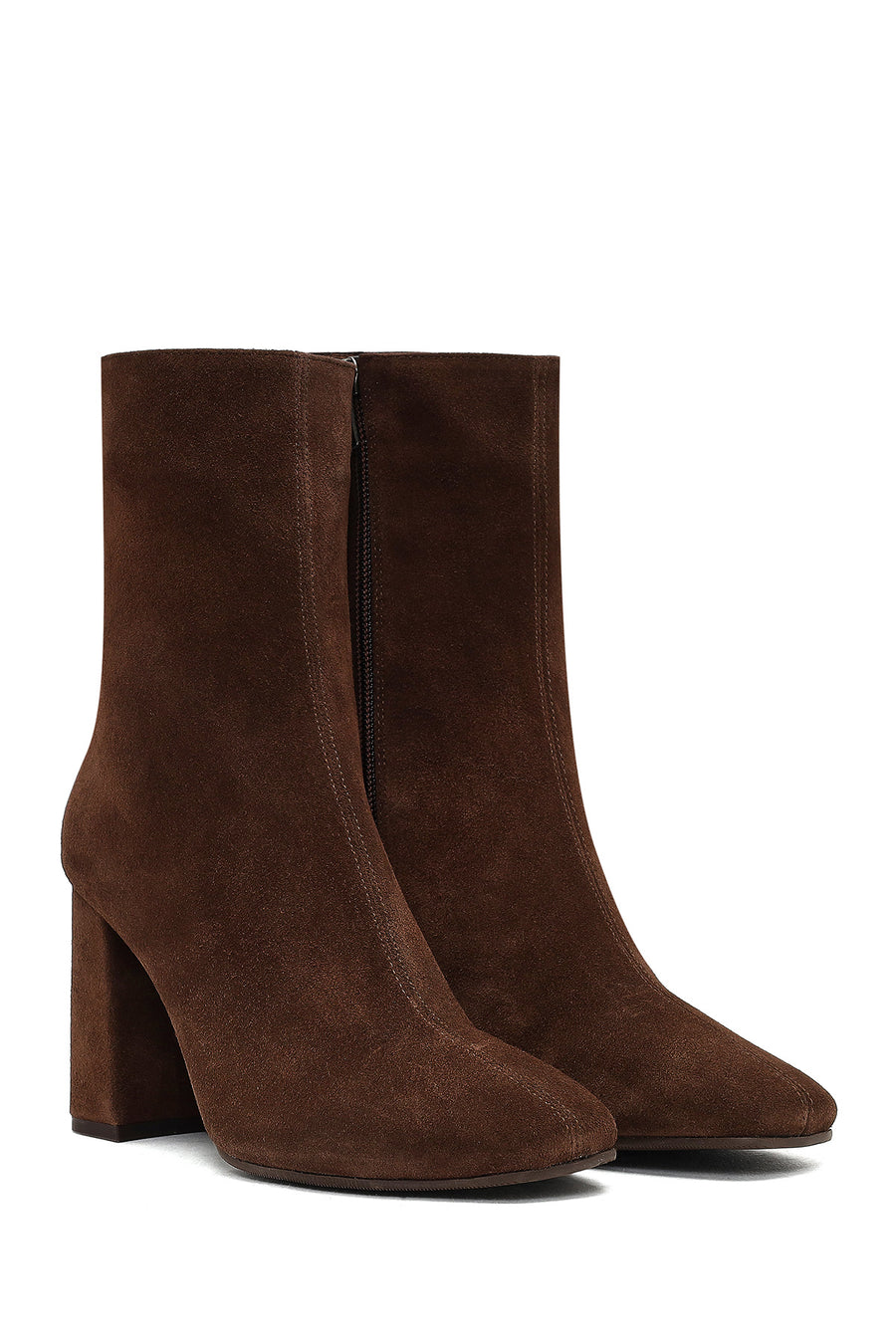 Woman Brown Zip Closure Chunky Heeled Suede Boots