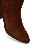Woman Walnut Zip Closure Chunky Heeled Suede Boots | Derimod