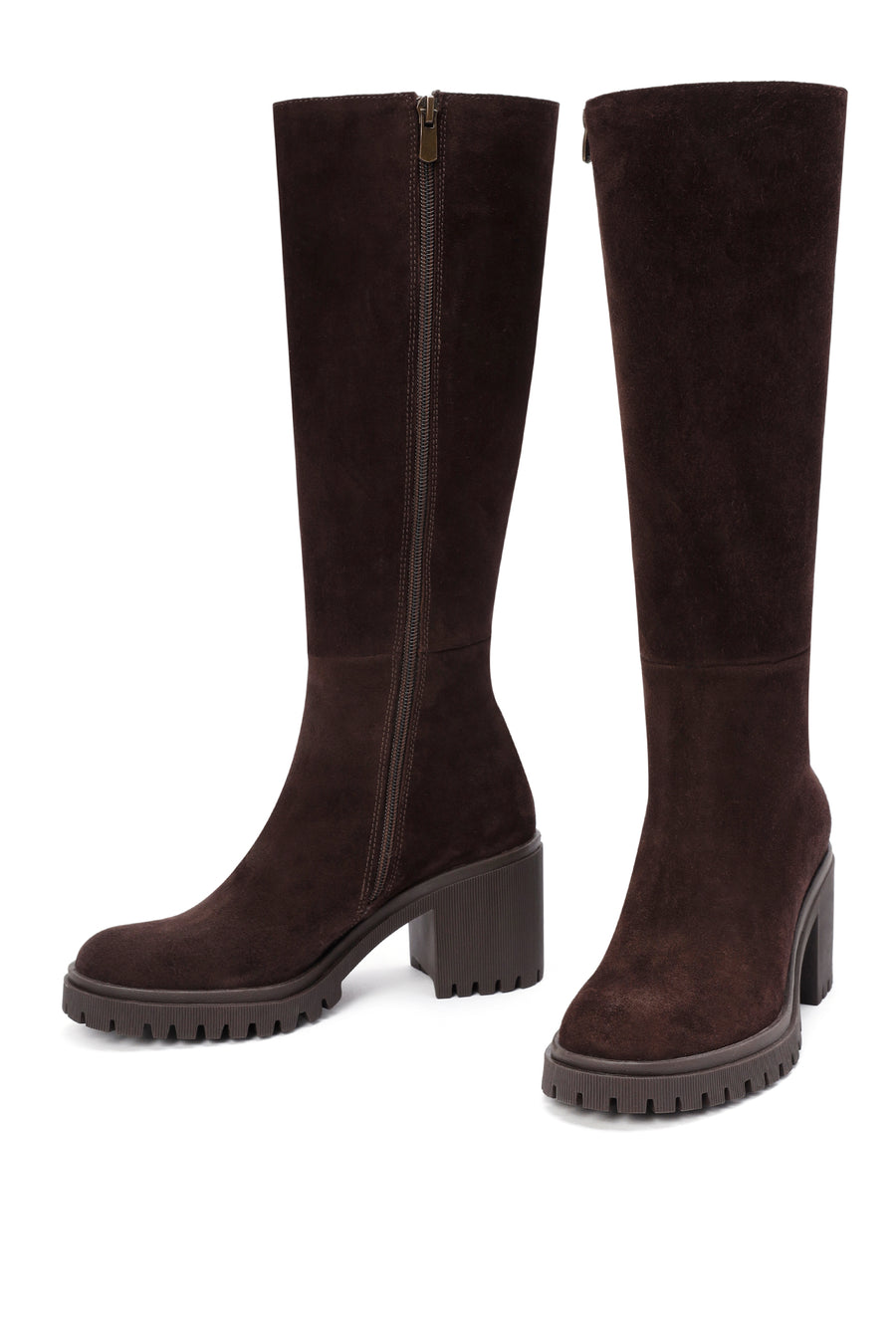 Women's Brown Zippered Chunky Heel Suede Leather Boots