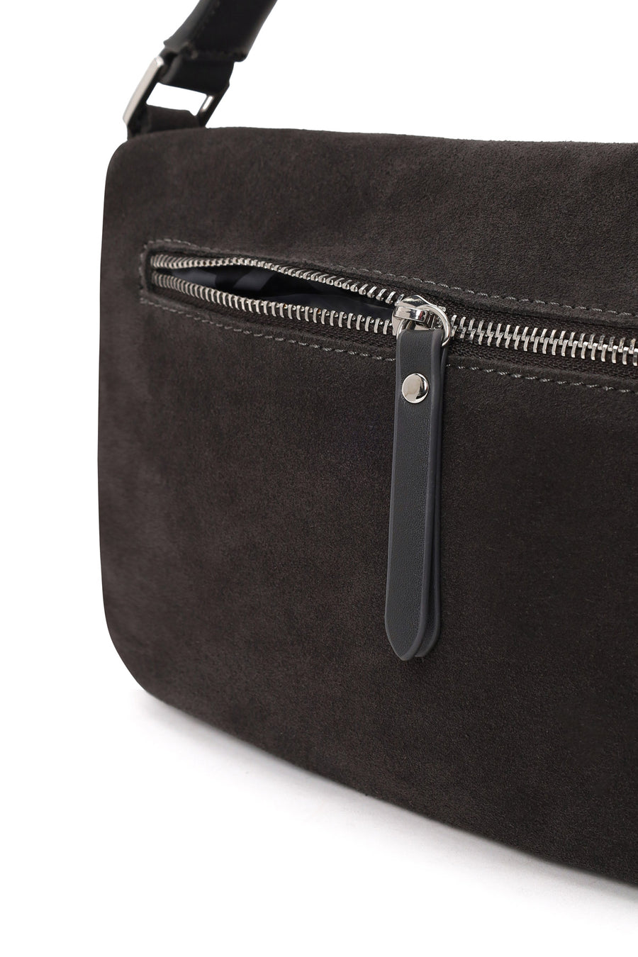 Woman Gray Long-Strap Suede Crossbody Bag