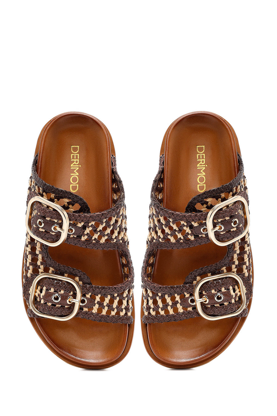 Women's Brown Double Buckled Straw Leather Slippers