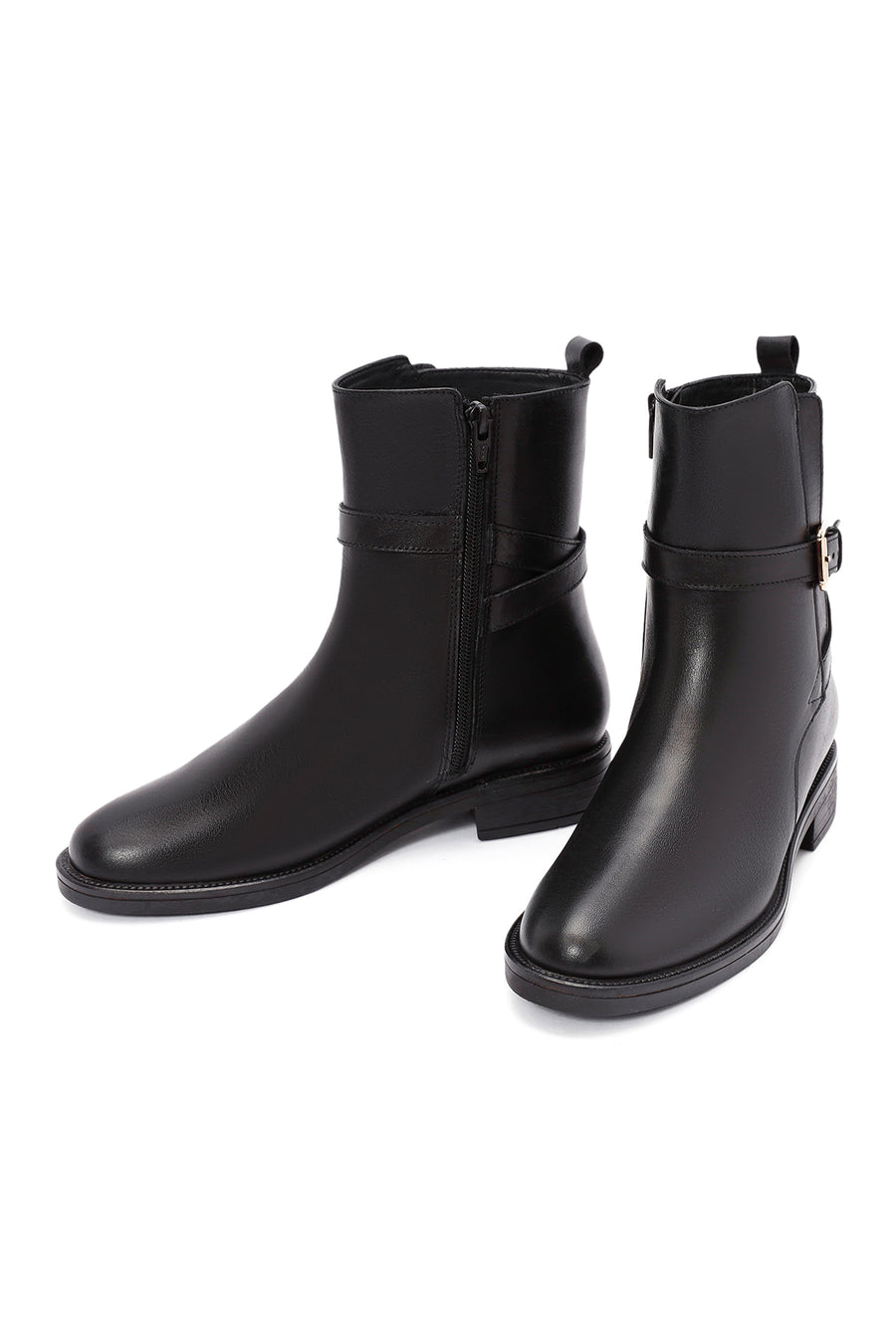 Women's Black Zippered Buckle Detailed Leather Boots