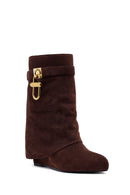 Woman Brown Wedge-Heel Suede Boots | Derimod