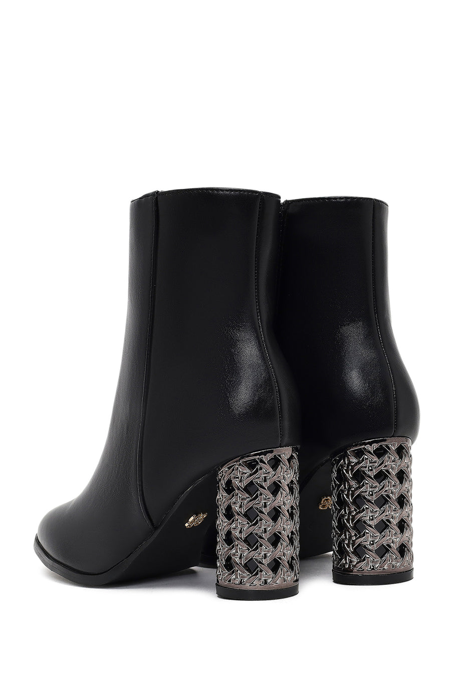 Women's Black Zippered Patterned Thick Heeled Boots