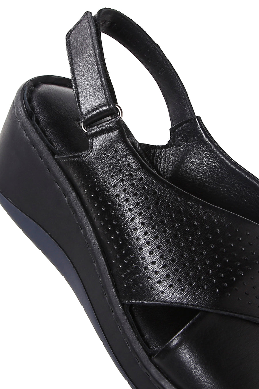 Women's Black Leather Wedge Heel Comfort Sandals