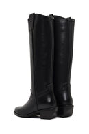 Women's Black Low-Heeled Leather Cowboy Boots | Derimod