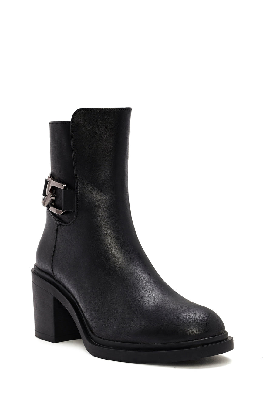 Women's Black Buckle Detailed Zippered Thick Heeled Leather Boots