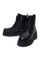 Women's Black Leather Zippered Flat Boots | Derimod