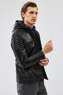 Lyon Men's Black Hooded Leather Jacket | Derimod