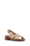 Women's Beige Ankle Buckle Low Heel Leather Sandals | Derimod
