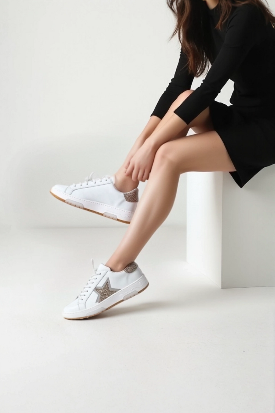 Women's White Lace-Up Stoned Leather Sneakers