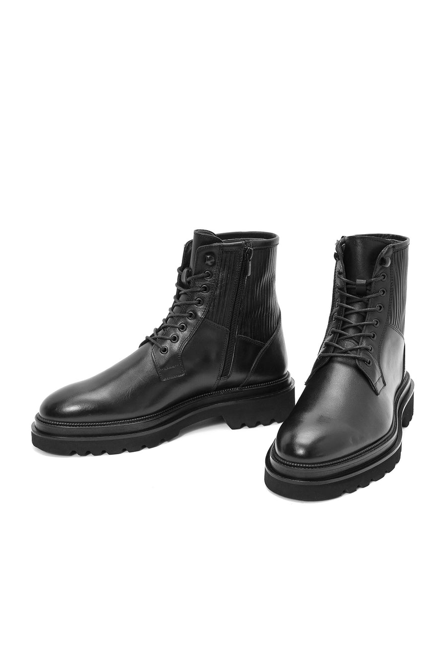Men's Black Lace-Up Zipper Detailed Leather Casual Boots