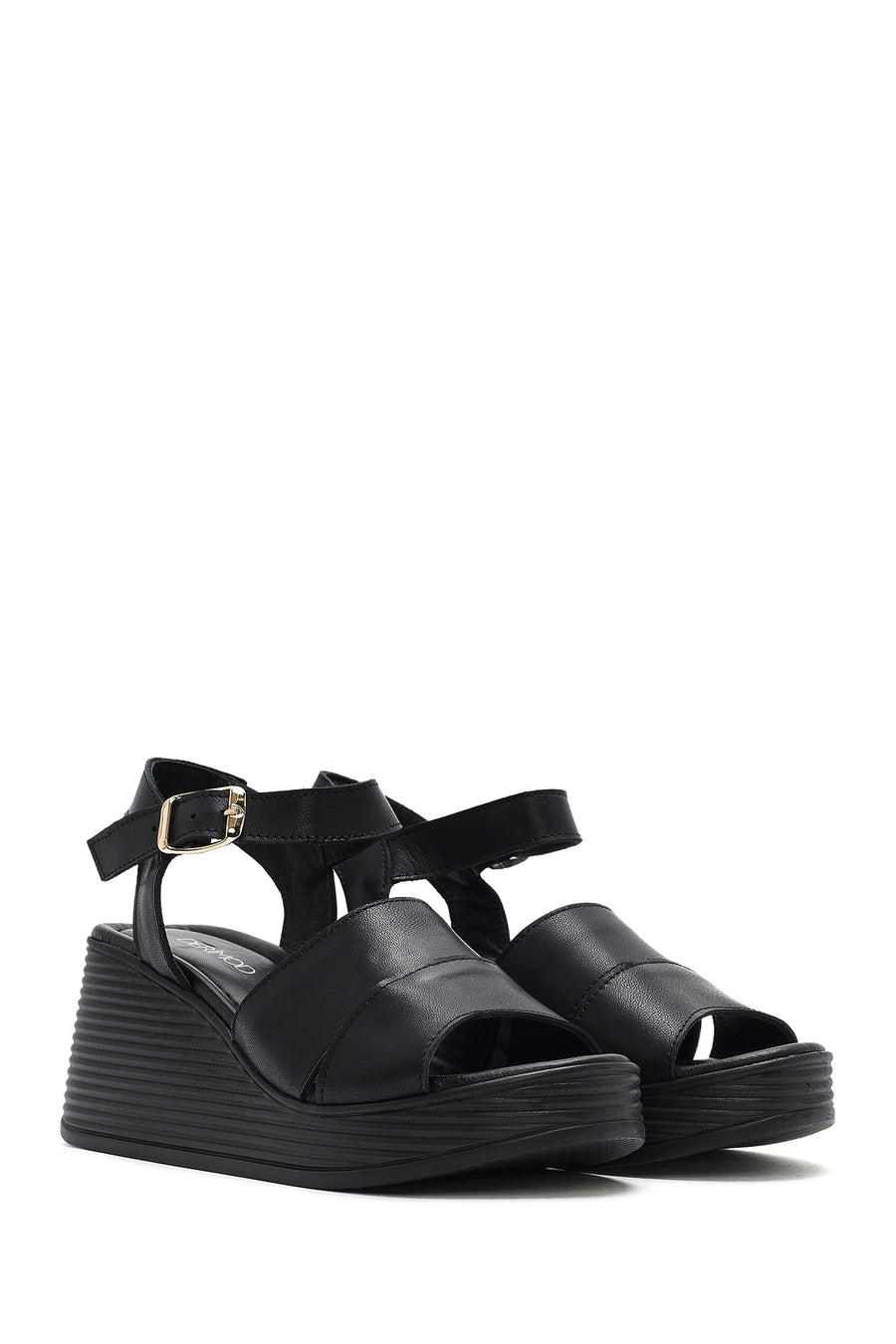 Women's Black Ankle Strap Wedge Heel Leather Sandals