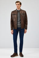 Gabriel Men's Brown Regular Leather Sport Jacket | Derimod