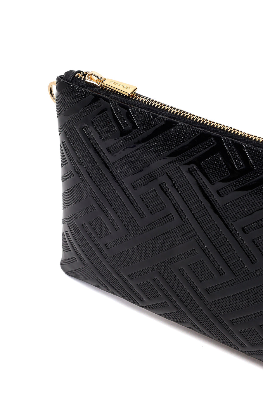 Woman Black Chain Strap Patterned Patent Leather Clutch Bag