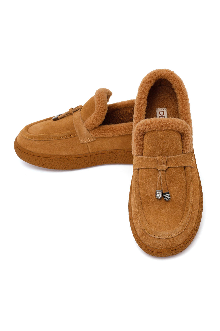 Kadın Camel Tokalı Kalın Tabanlı Süet Deri Teddy Loafer
