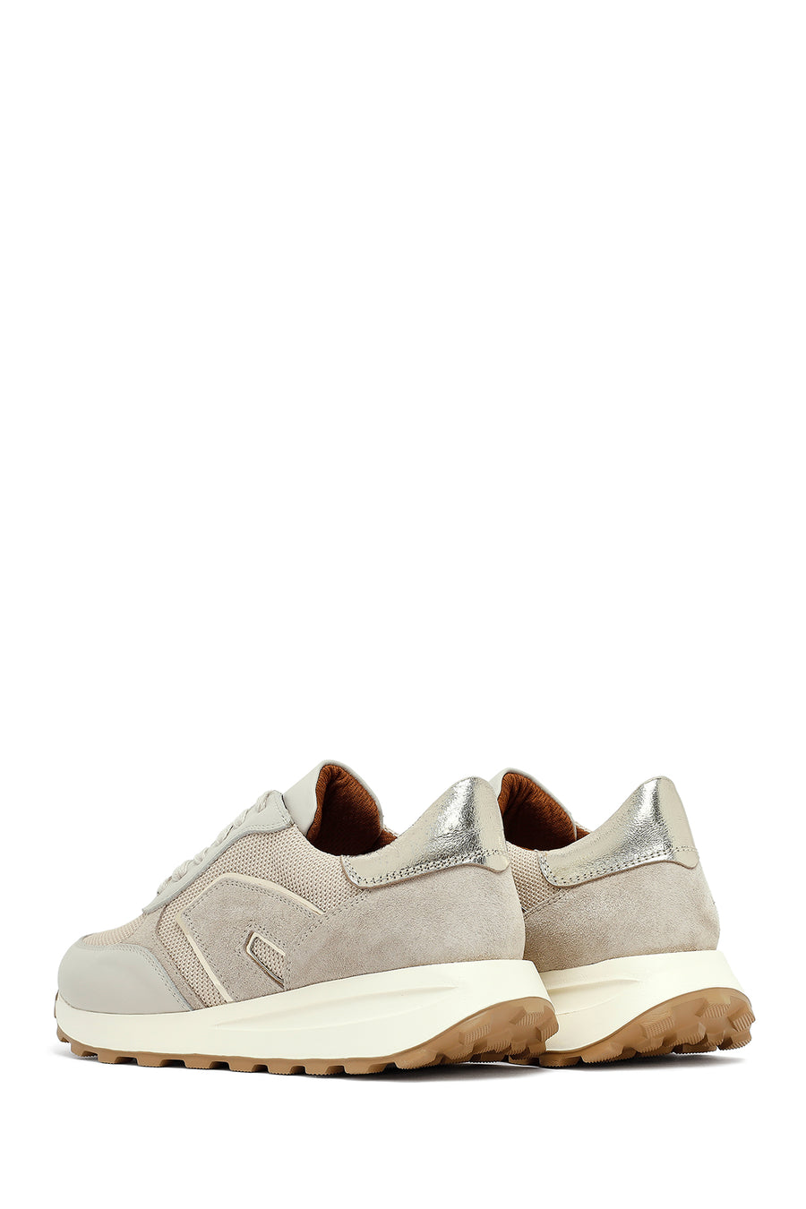 Woman Beige Lace-Up Thick Sole Leather Sneakers