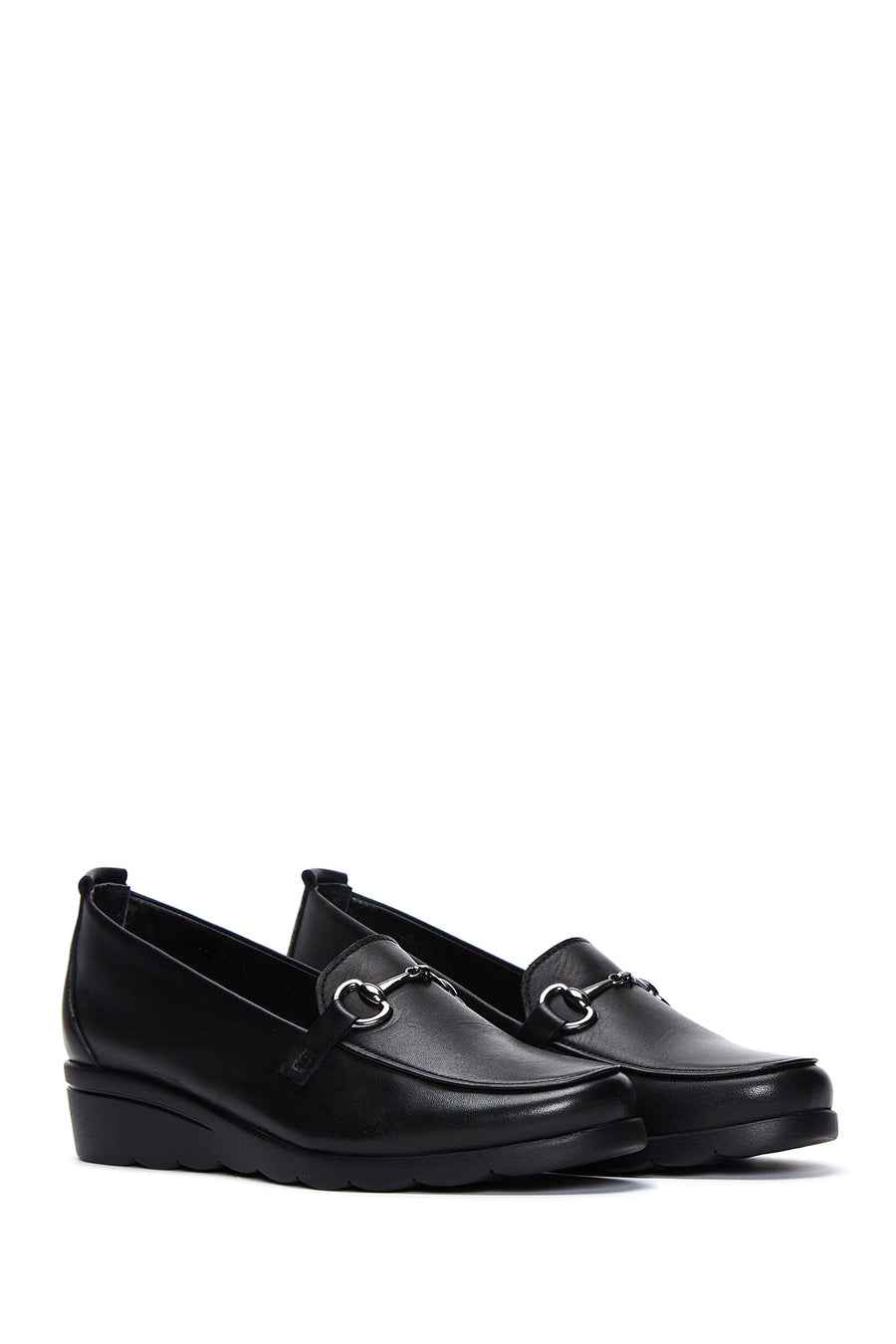 Women's Black Leather Wedge Heeled Loafer