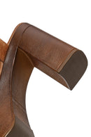 Women's Tan Ankle Buckle Thick High Heel Suede Leather Sandals | Derimod