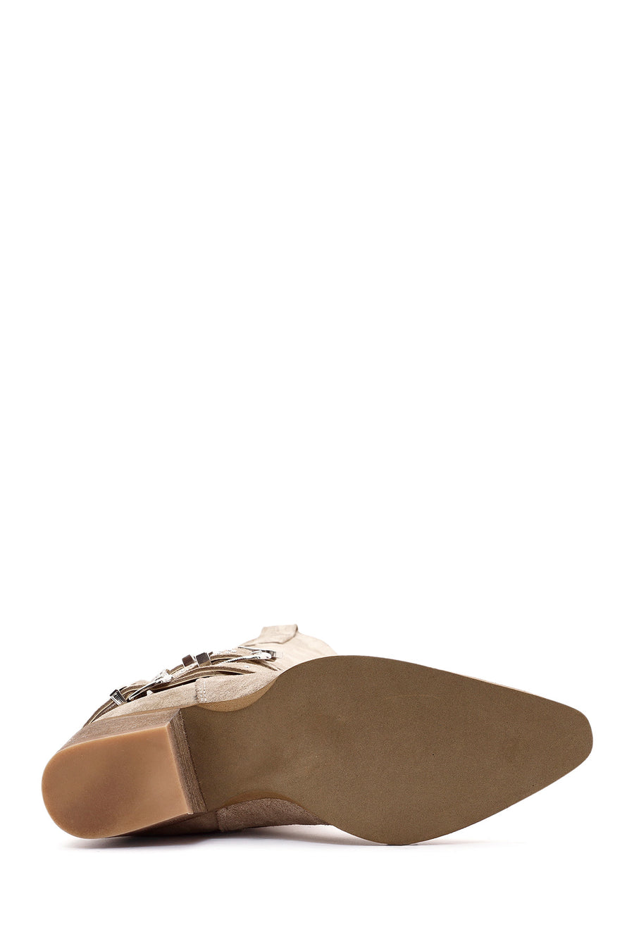 Women's Beige Thick Heel Buckle Detailed Suede Leather Cowboy Boots