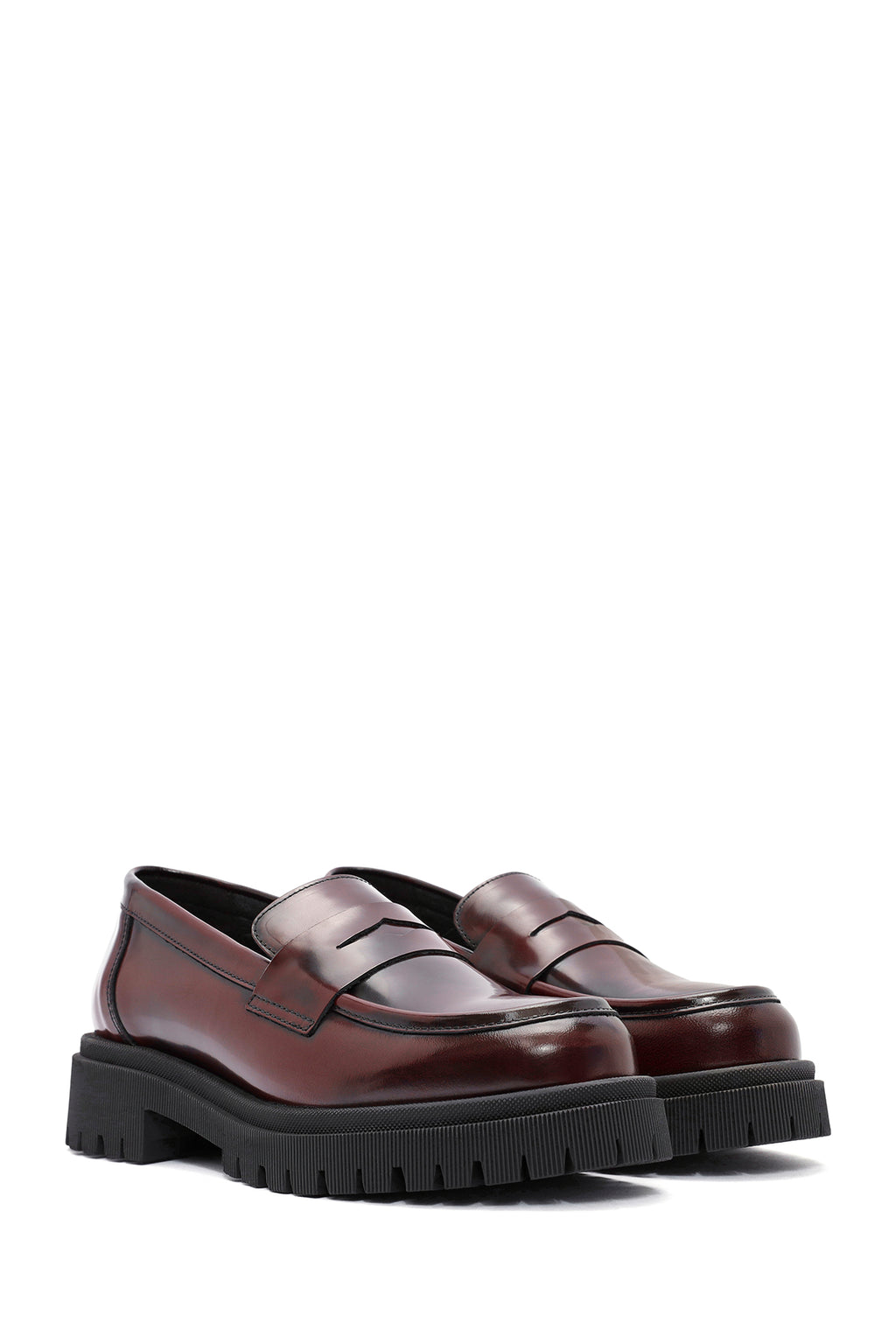 Kadın Bordo Kalın Tabanlı Deri Loafer