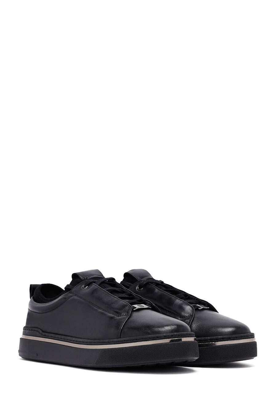 Men's Black Lace-Up Thick Sole Leather Sneakers