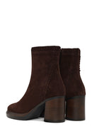 Woman Brown Zip Closure Chunky-Heeled Suede Leather Boots | Derimod