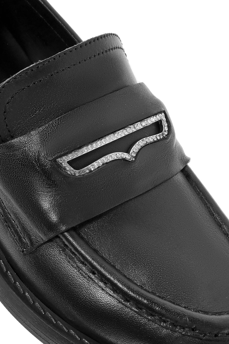 Women's Black Stone Detailed Leather Masculine Loafer