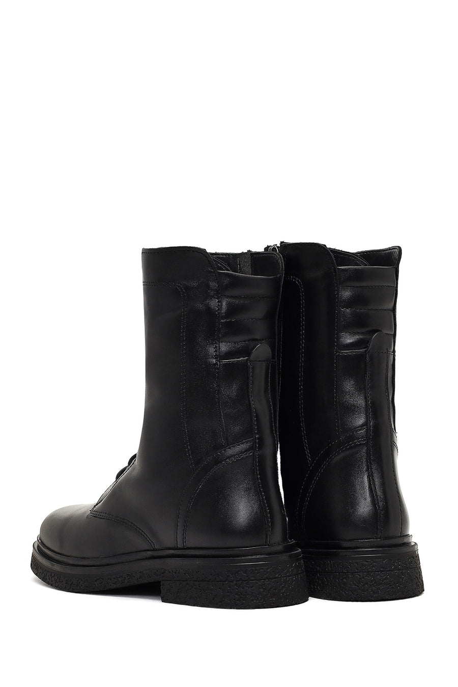 Women's Black Lace-Up Zipper Leather Combat Boots