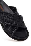 Woman Black Knitted Patterned Leather Slipper | Derimod