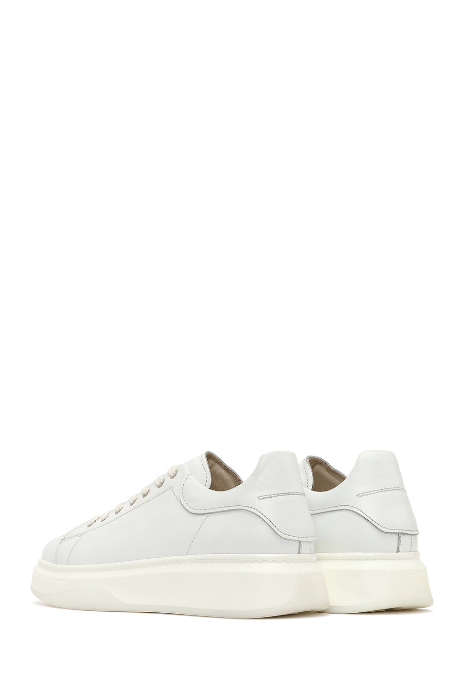 Men's White Lace-Up Thick-Soled Leather Sneaker