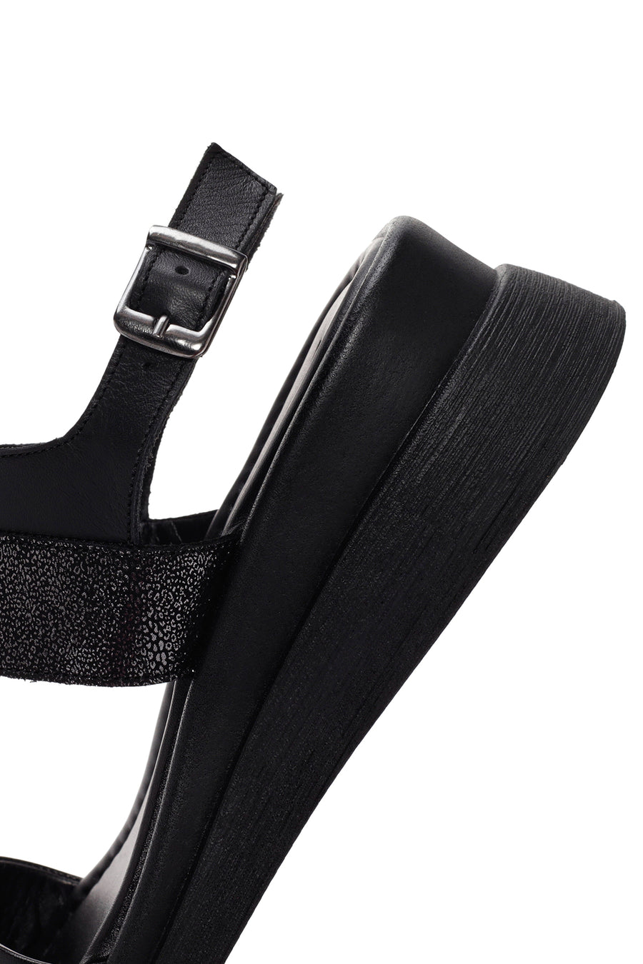 Women's Black Wedge Heeled Leather Sandals