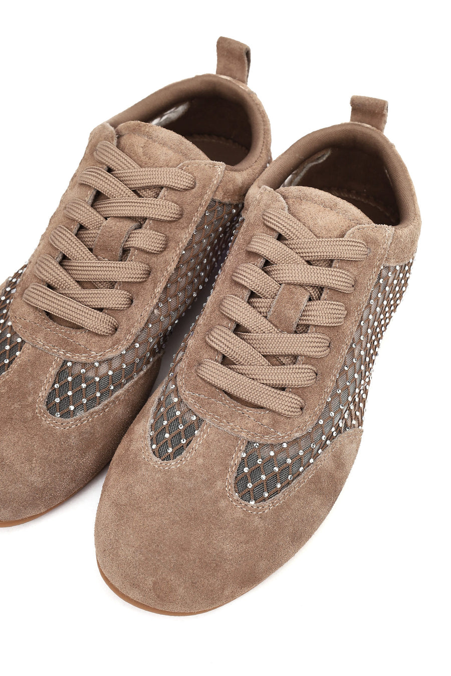 Kadın Vizon Bağcıklı Taşlı Süet Deri Sneaker