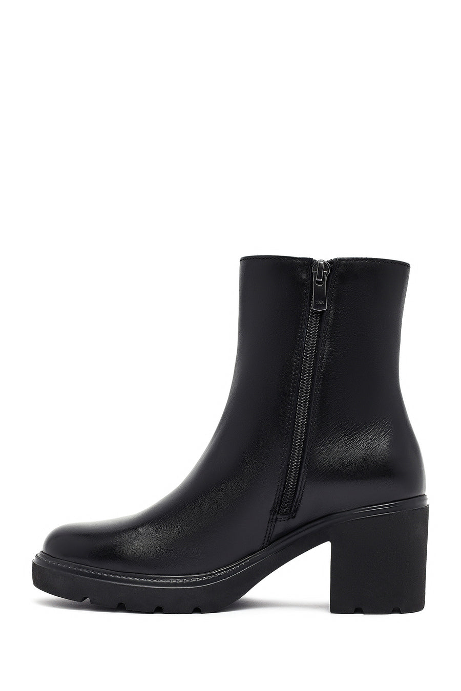 Women's Black Zippered Thick Heeled Leather Boot